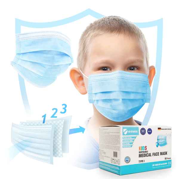 50x medical masks type I for children 3-ply blue